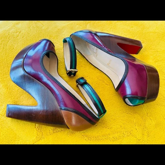 Christian Louboutin Platform Heels size 35.5 Burgandy/ green/ Tan leather - Picture 5 of 6